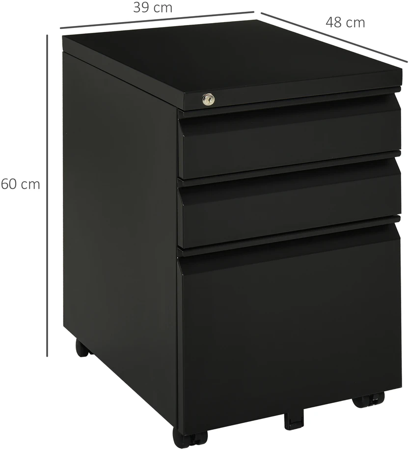 TV staliukas Aosom Juoda rakinama mobili biuro spintelė su 3 stalčiais ir 5 ratukais