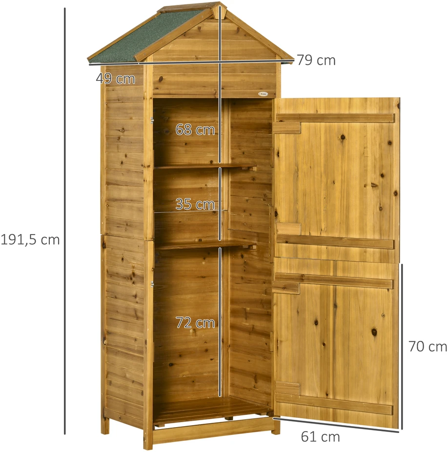 TV staliukas Aosom Lauko spintelė įrankiams, sodo sandėliukas, 2 lentynos, 2 durys, natūrali medžio spalva, 79 x 49 x 191,5 cm
