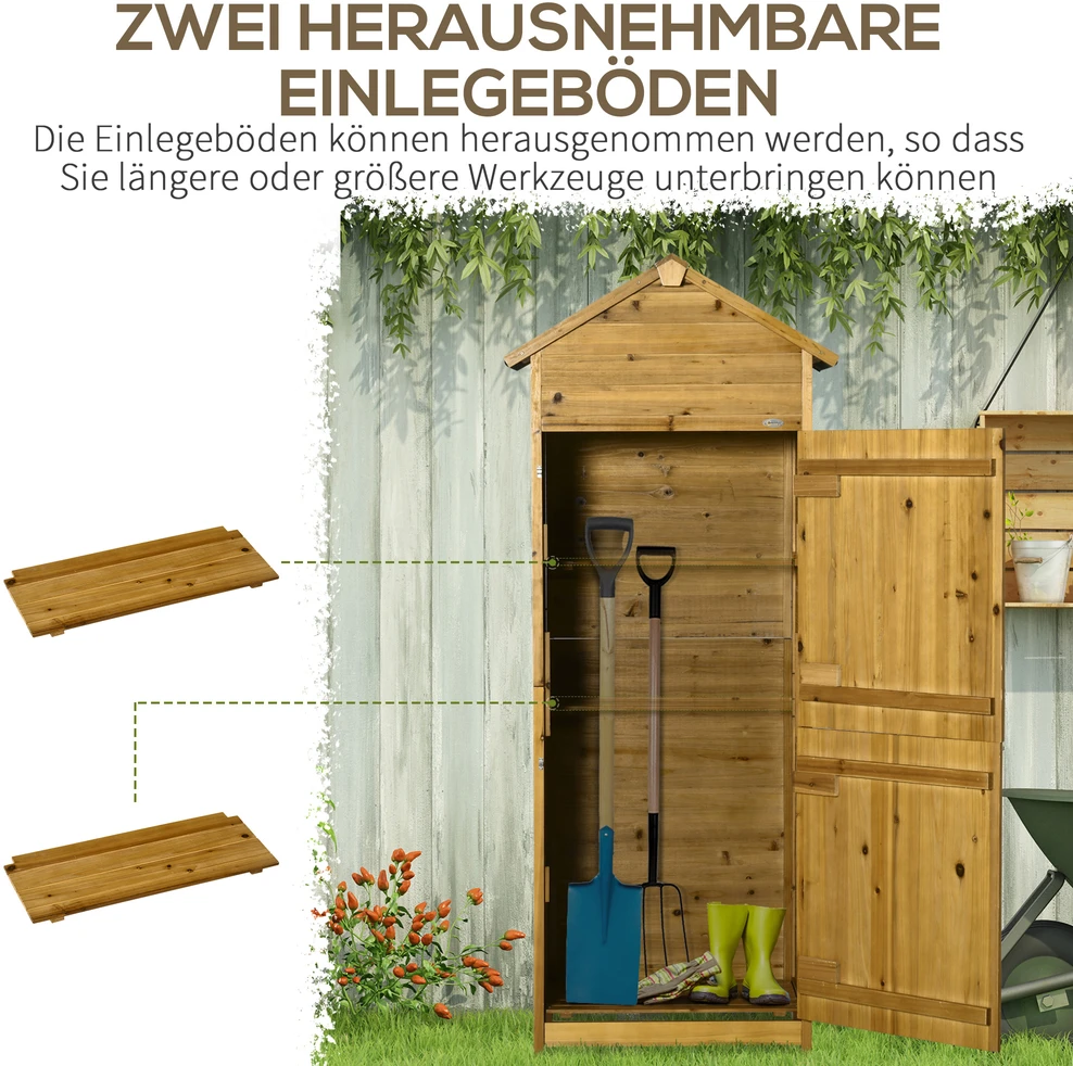 TV staliukas Aosom Lauko spintelė įrankiams, sodo sandėliukas, 2 lentynos, 2 durys, natūrali medžio spalva, 79 x 49 x 191,5 cm