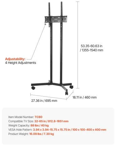 TV staliukas VEVOR Mobilus televizoriaus stovas TC80 su ratukais, reguliuojamo aukščio, 81–165 cm ekranams, iki 40 kg