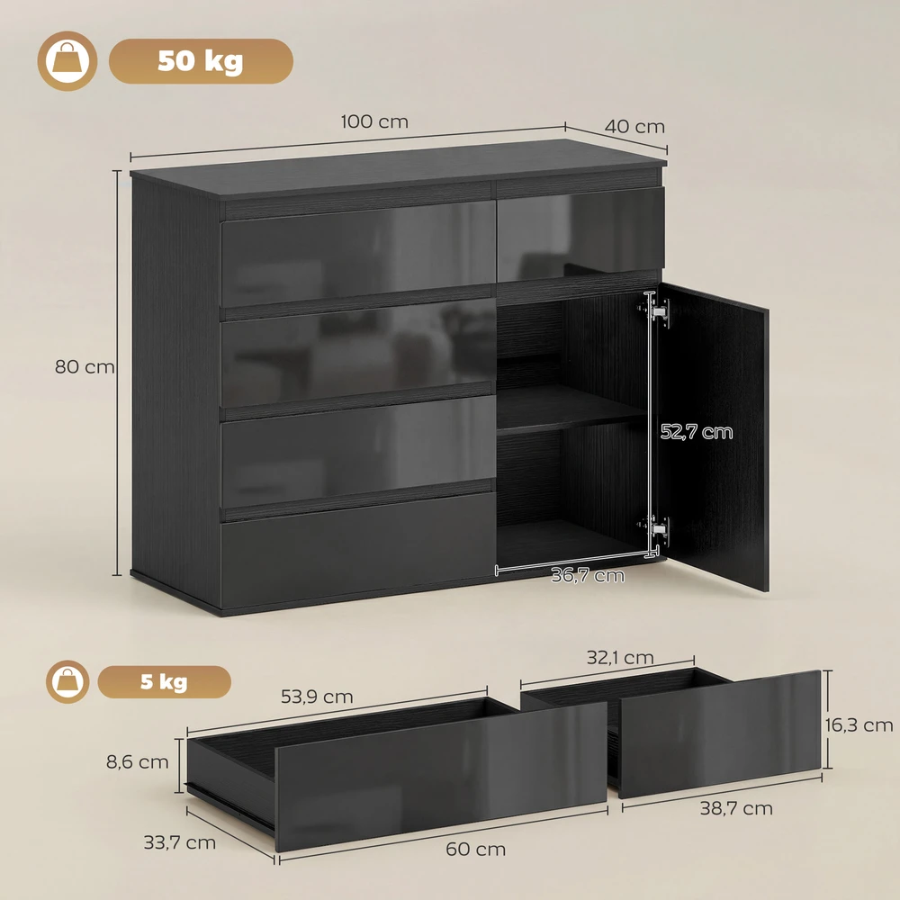 TV staliukas Koduva Modernus sideboardas su 5 stalčiais, reguliuojama lentyna, „soft-close“ durelėmis, juodas blizgus