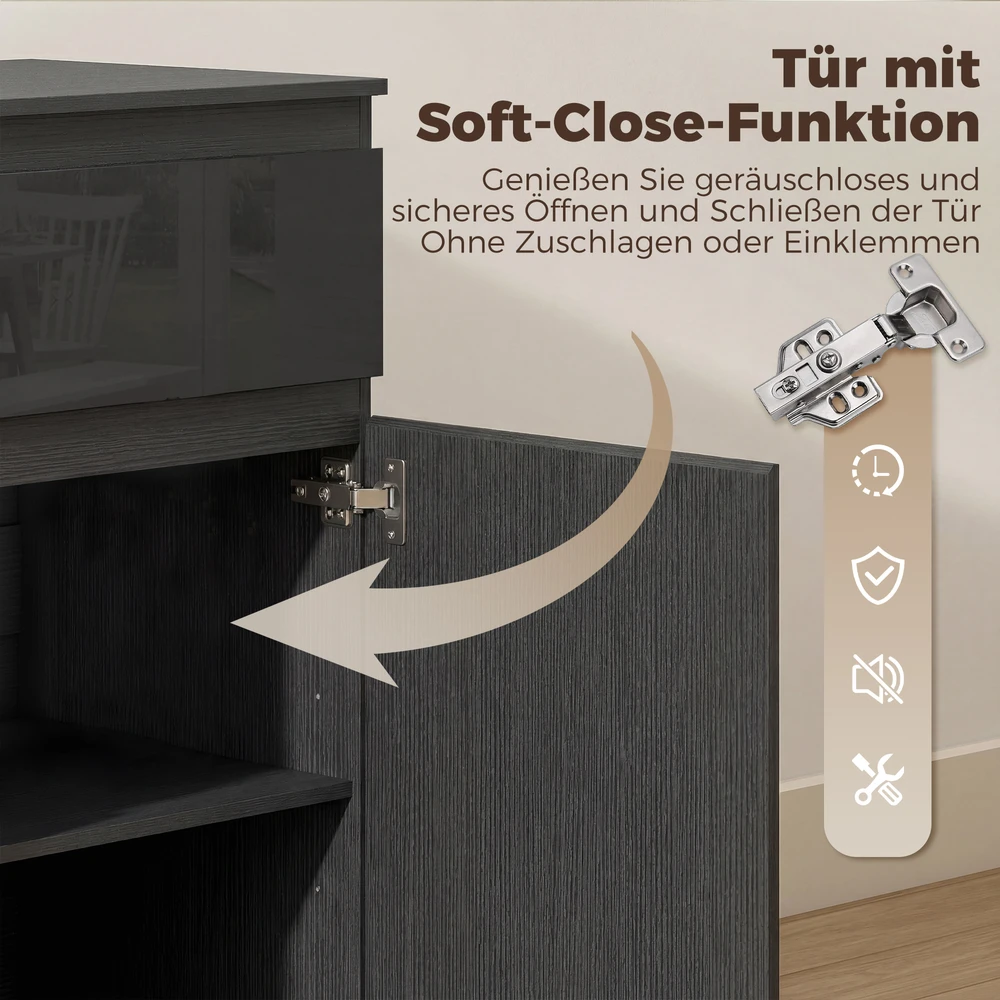 TV staliukas Koduva Modernus sideboardas su 5 stalčiais, reguliuojama lentyna, „soft-close“ durelėmis, juodas blizgus
