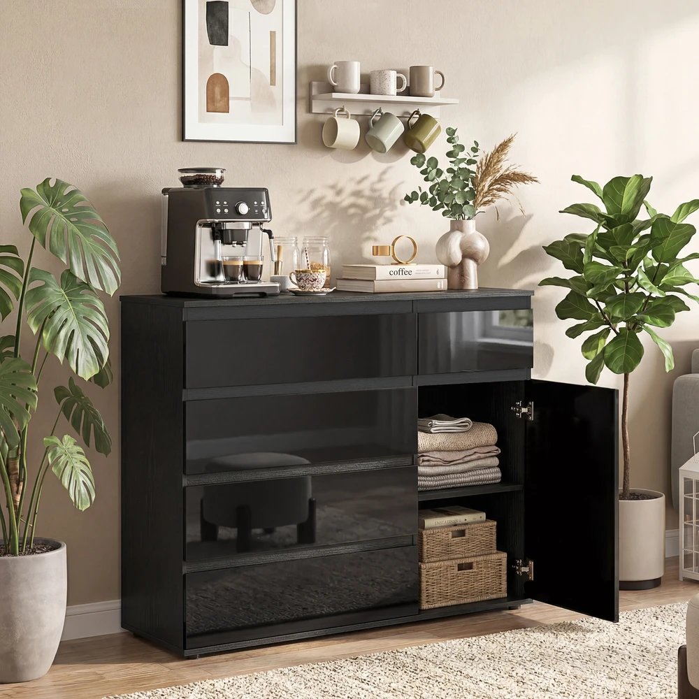 TV staliukas Koduva Modernus sideboardas su 5 stalčiais, reguliuojama lentyna, „soft-close“ durelėmis, juodas blizgus