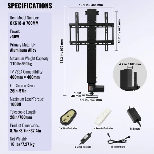 TV staliukas VEVOR Motorinis TV liftas su nuotolinio valdymo pultu, 71,1 cm eiga