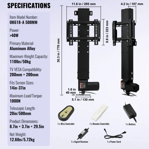 TV staliukas VEVOR Motorizuotas TV laikiklis su keltuvu, 50,8 cm eiga, 71,1–81,3 cm televizoriams, iki 59,9kg