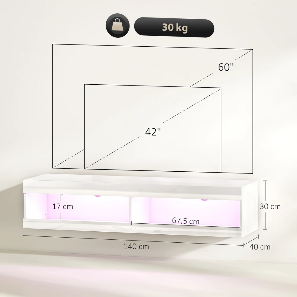 TV staliukas Aosom Pakabinama TV spintelė su RGB LED apšvietimu, 140 x 40 x 30 cm, aukšto blizgumo balta
