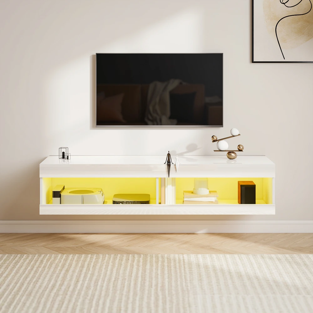 TV staliukas Aosom Pakabinama TV spintelė su RGB LED apšvietimu, 140 x 40 x 30 cm, aukšto blizgumo balta
