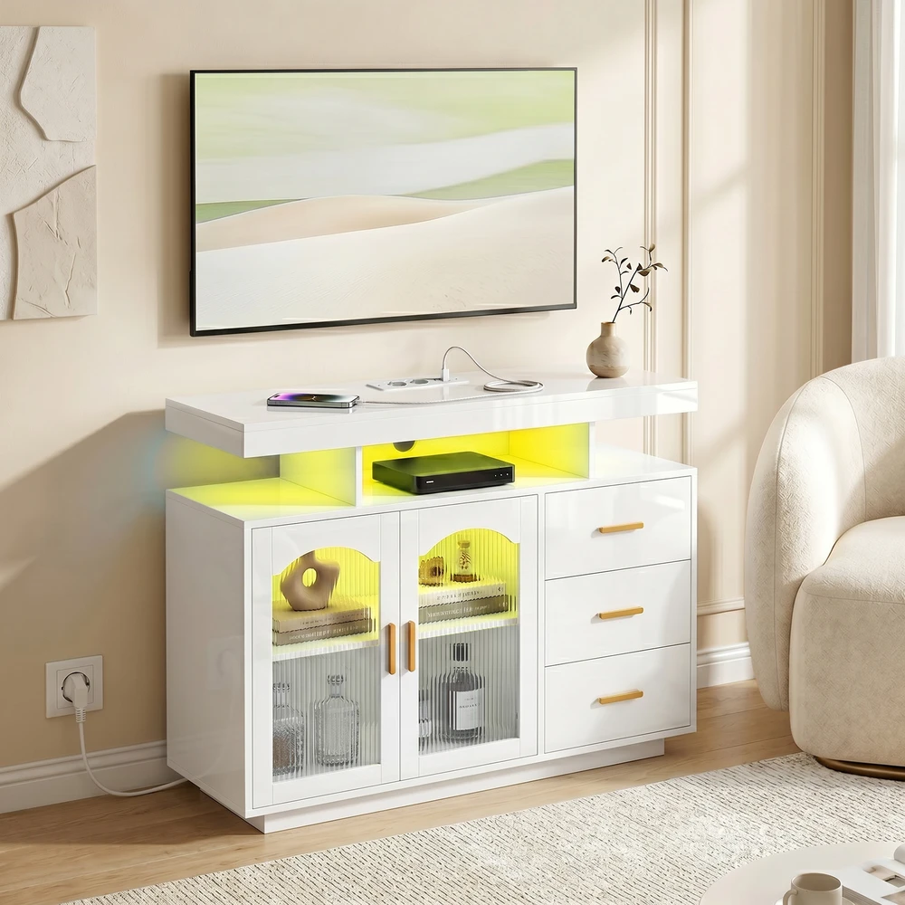 TV staliukas Aosom Pultas su LED apšvietimu, įmontuotais lizdais, 3 stalčiais, lentynomis ir 2 akrilo durelėmis, blizgi balta