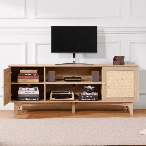 TV staliukas VEVOR Rataninė TV spintelė, 168 x 40 x 64 cm, ąžuolo spalva