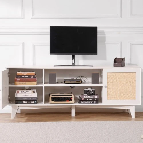 TV staliukas VEVOR Rataninė TV spintelė, balta, 168 x 40 x 64 cm, iki 191 cm televizoriui