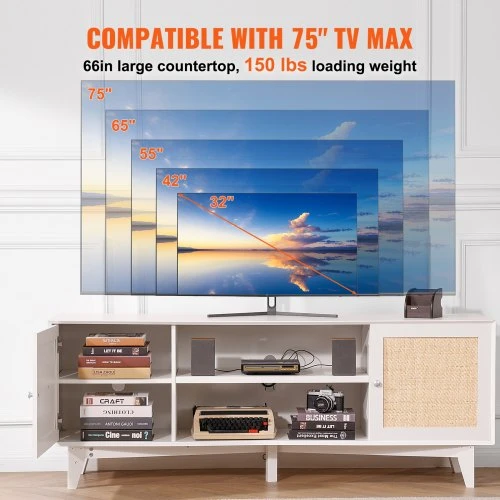 TV staliukas VEVOR Rataninė TV spintelė, balta, 168 x 40 x 64 cm, iki 191 cm televizoriui