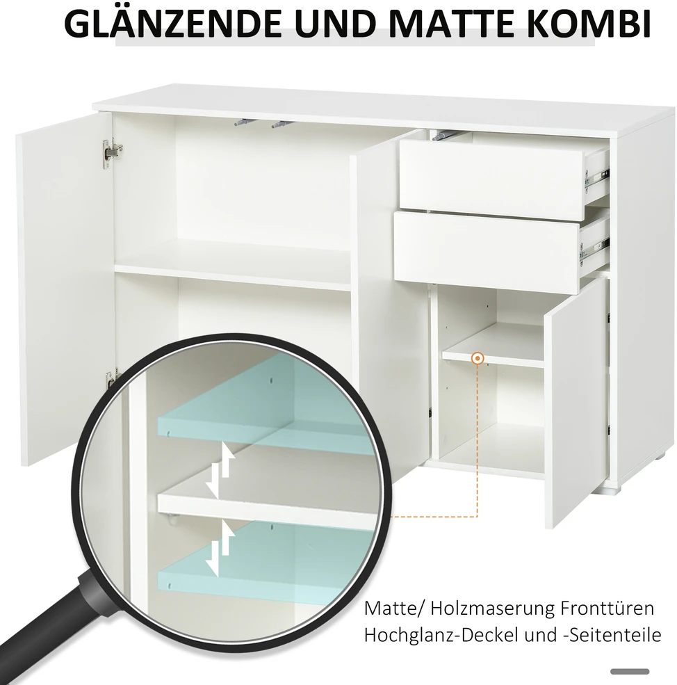 TV staliukas Aosom Sideboard spintelė, 2 stalčiai, push-click, balta, 117 x 36 x 74 cm