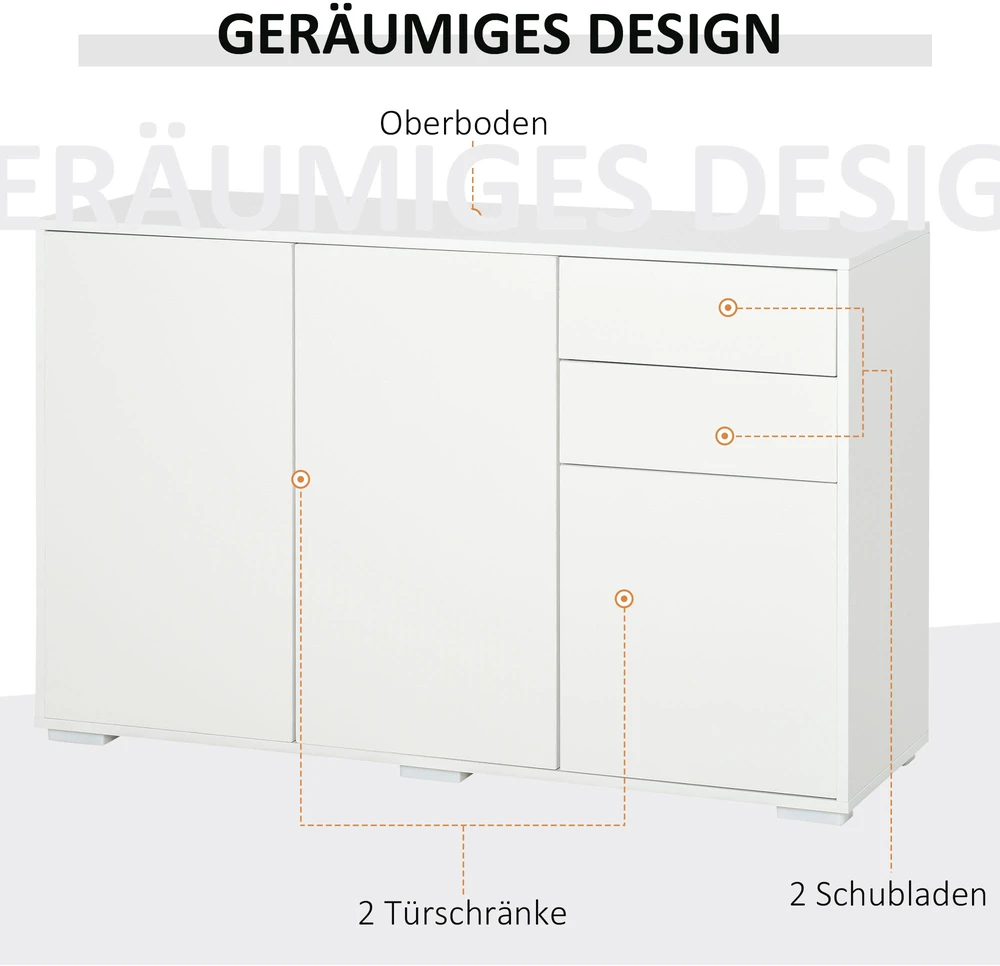 TV staliukas Aosom Sideboard spintelė, 2 stalčiai, push-click, balta, 117 x 36 x 74 cm