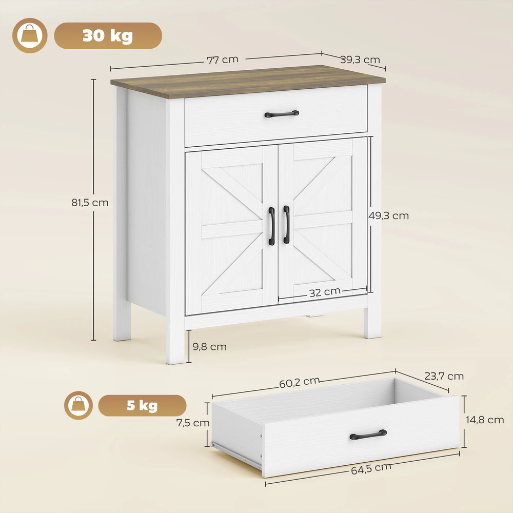 TV staliukas Aosom Sideboard spintelė, baltos ir antikinės rudos spalvos, 77 x 39,3 x 81,5 cm