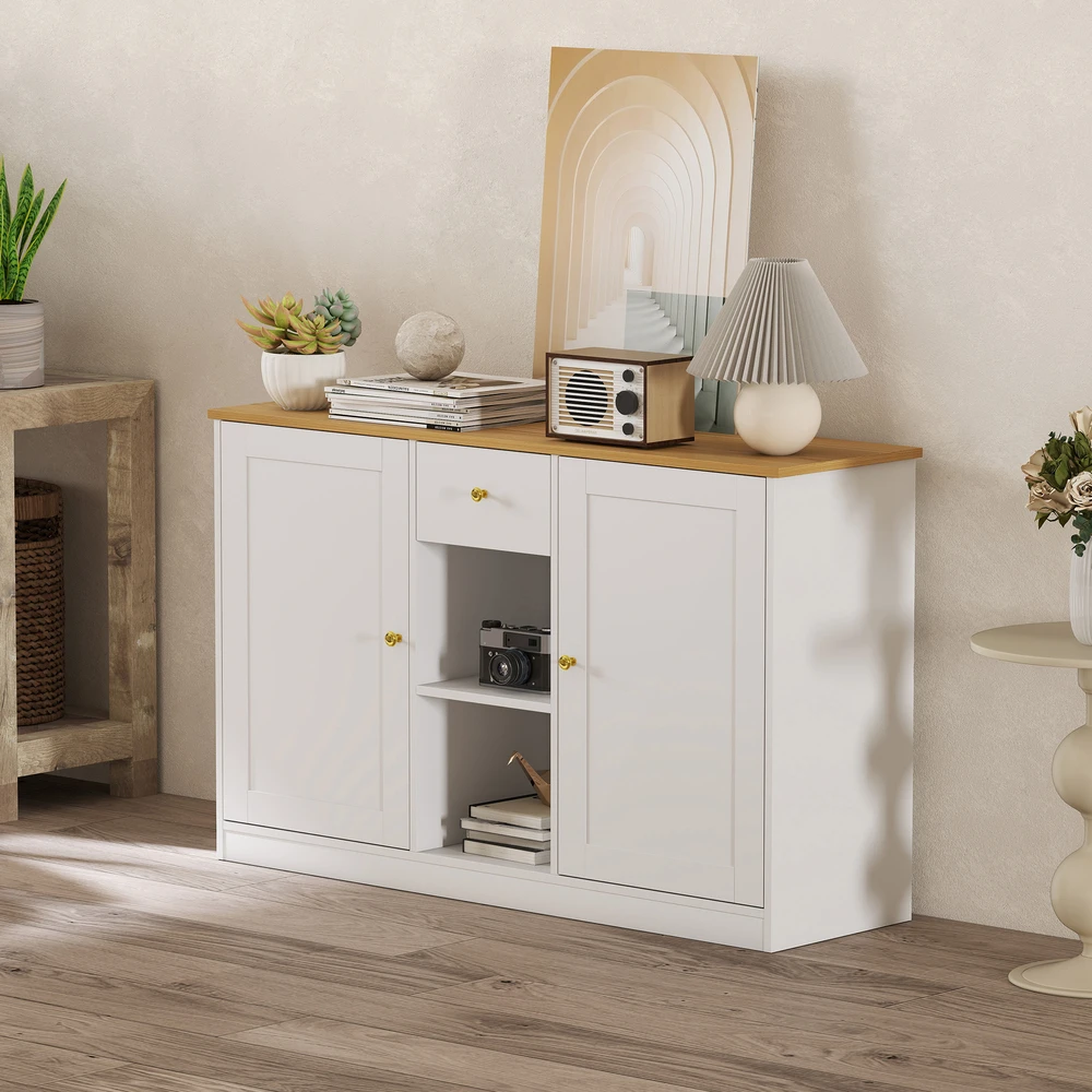 TV staliukas Aosom Sideboard su stalčiumi, spintelėmis ir lentynomis, balta, 120 x 35 x 75,2 cm