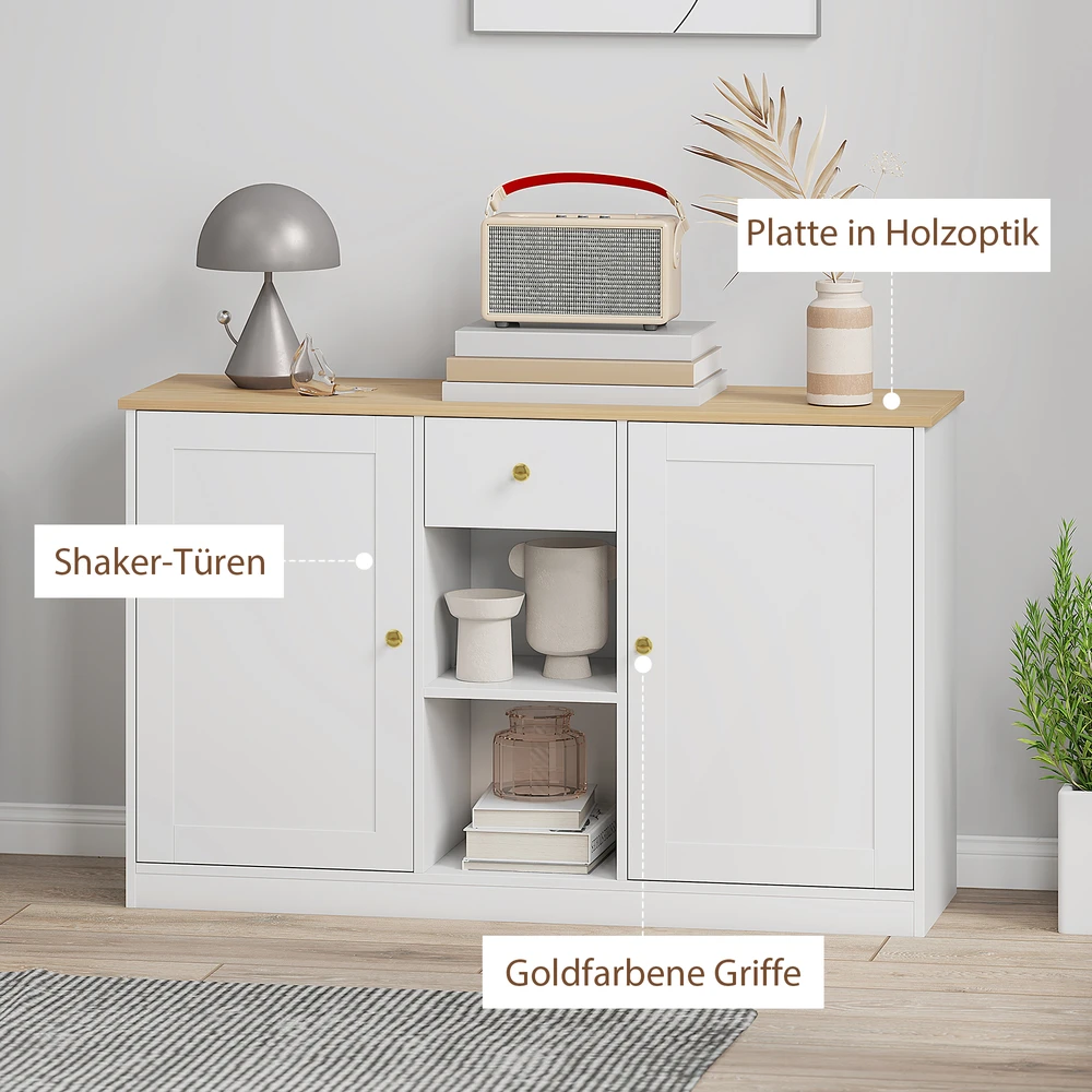 TV staliukas Aosom Sideboard su stalčiumi, spintelėmis ir lentynomis, balta, 120 x 35 x 75,2 cm