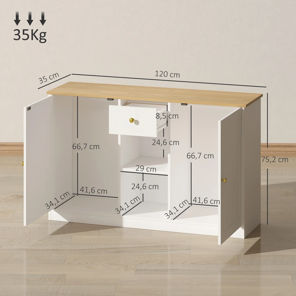 TV staliukas Aosom Sideboard su stalčiumi, spintelėmis ir lentynomis, balta, 120 x 35 x 75,2 cm