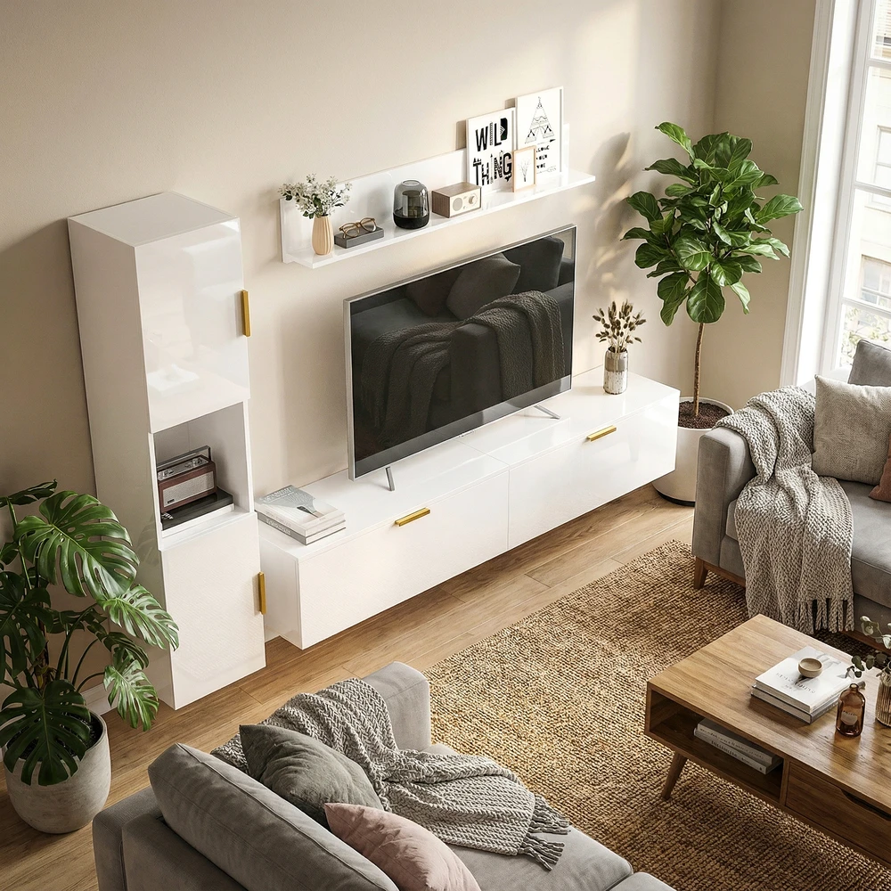 TV staliukas Aosom Sieninė TV spintelė su atverčiamomis durelėmis, 3 dalių komplektas, aukšto blizgumo balta, 180 cm