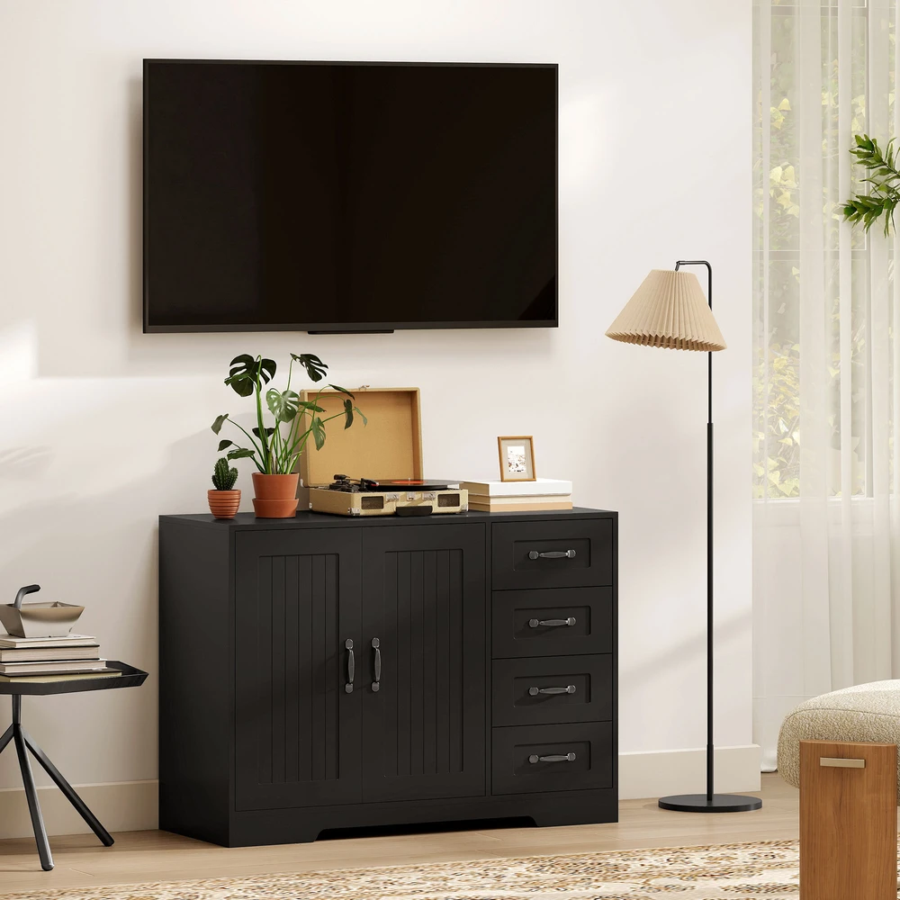 TV staliukas Aosom Šoninė spintelė, modernus stilius, 4 stalčiai, 1 spintelė, 105 x 40 x 76 cm, juoda
