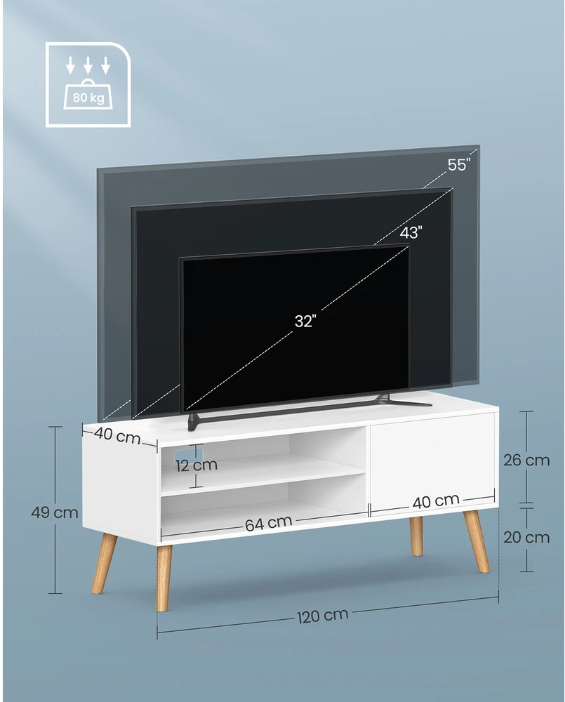 TV staliukas Songmics TV spintelė, balta, medžio drožlių plokštė ir kaučiukmedis, 40 x 120 x 49 cm