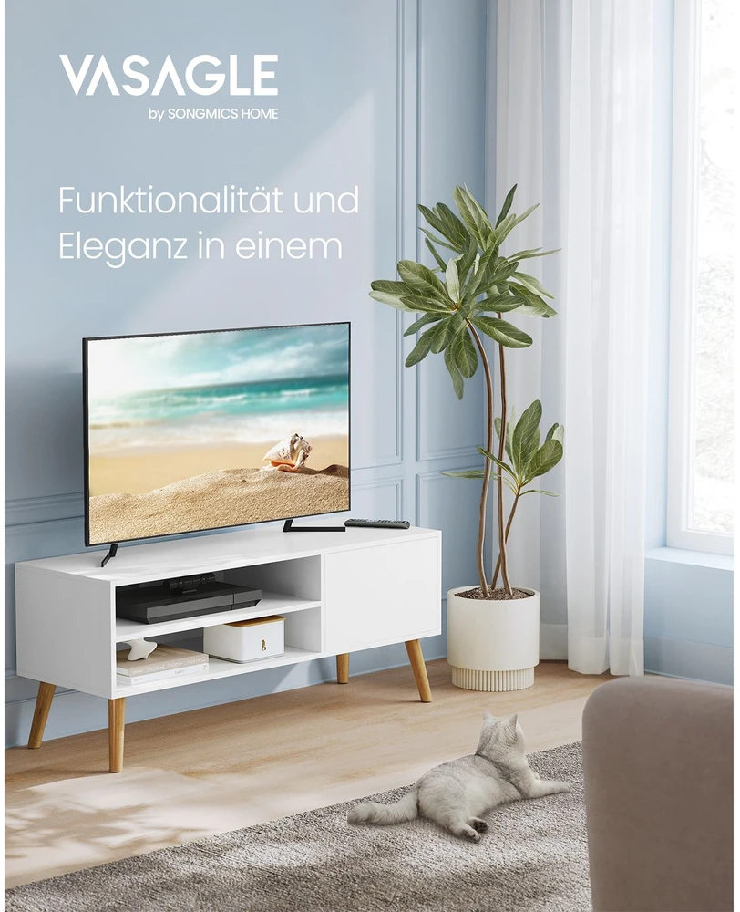 TV staliukas Songmics TV spintelė, balta, medžio drožlių plokštė ir kaučiukmedis, 40 x 120 x 49 cm