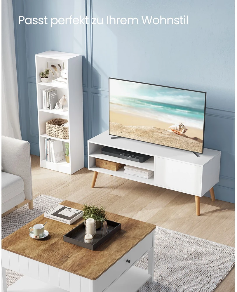 TV staliukas Songmics TV spintelė, balta, medžio drožlių plokštė ir kaučiukmedis, 40 x 120 x 49 cm