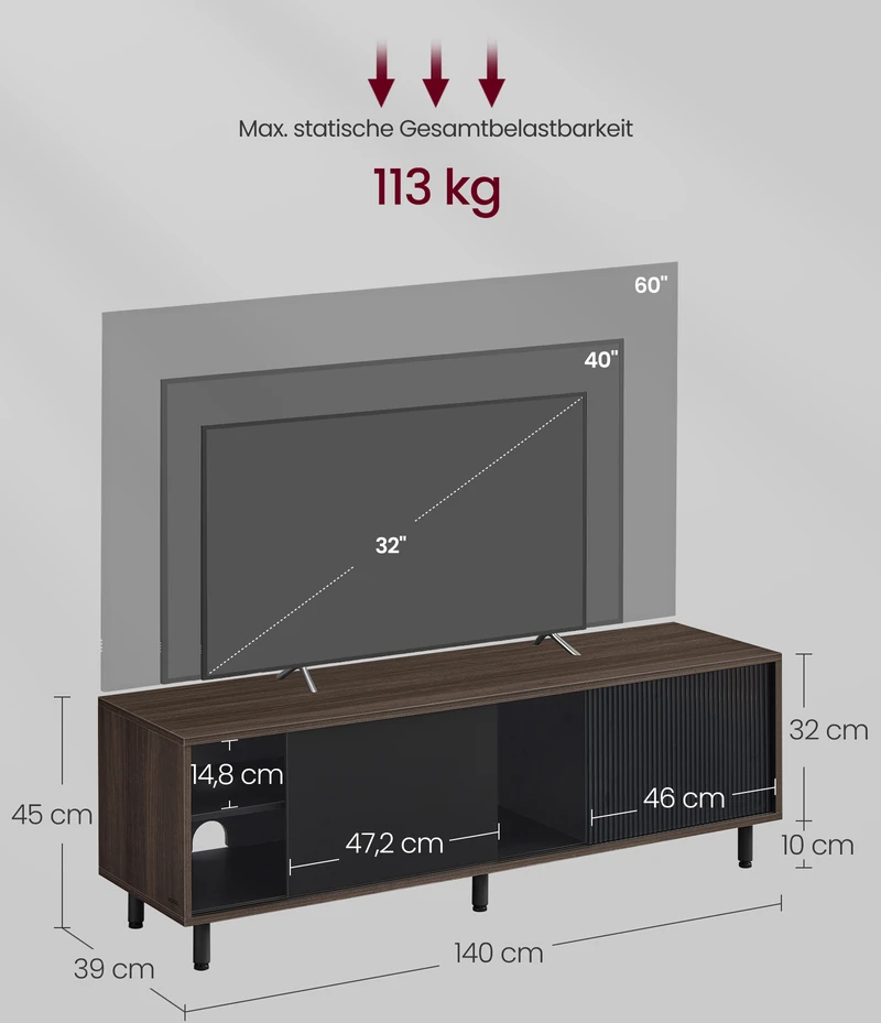 TV staliukas Koduva TV spintelė iki 60 colių televizoriui, 140 x 39 x 45 cm, ruda-juoda, stiklas ir plienas
