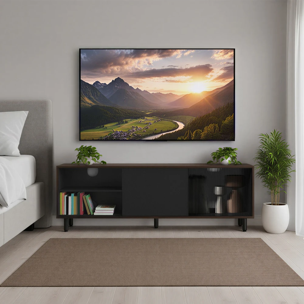 TV staliukas Koduva TV spintelė iki 60 colių televizoriui, 140 x 39 x 45 cm, rievėtas stiklas, ruda-juoda