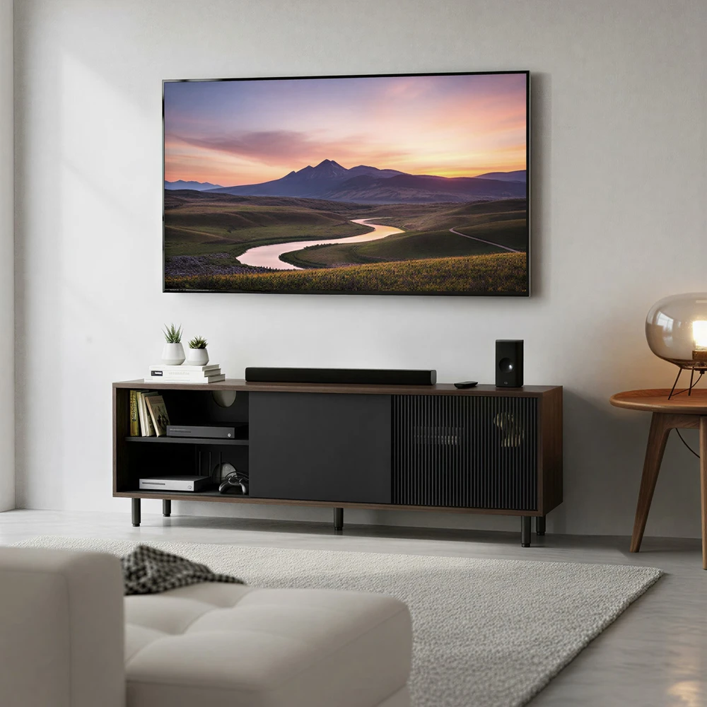 TV staliukas Koduva TV spintelė iki 60 colių televizoriui, 140 x 39 x 45 cm, rievėtas stiklas, ruda-juoda