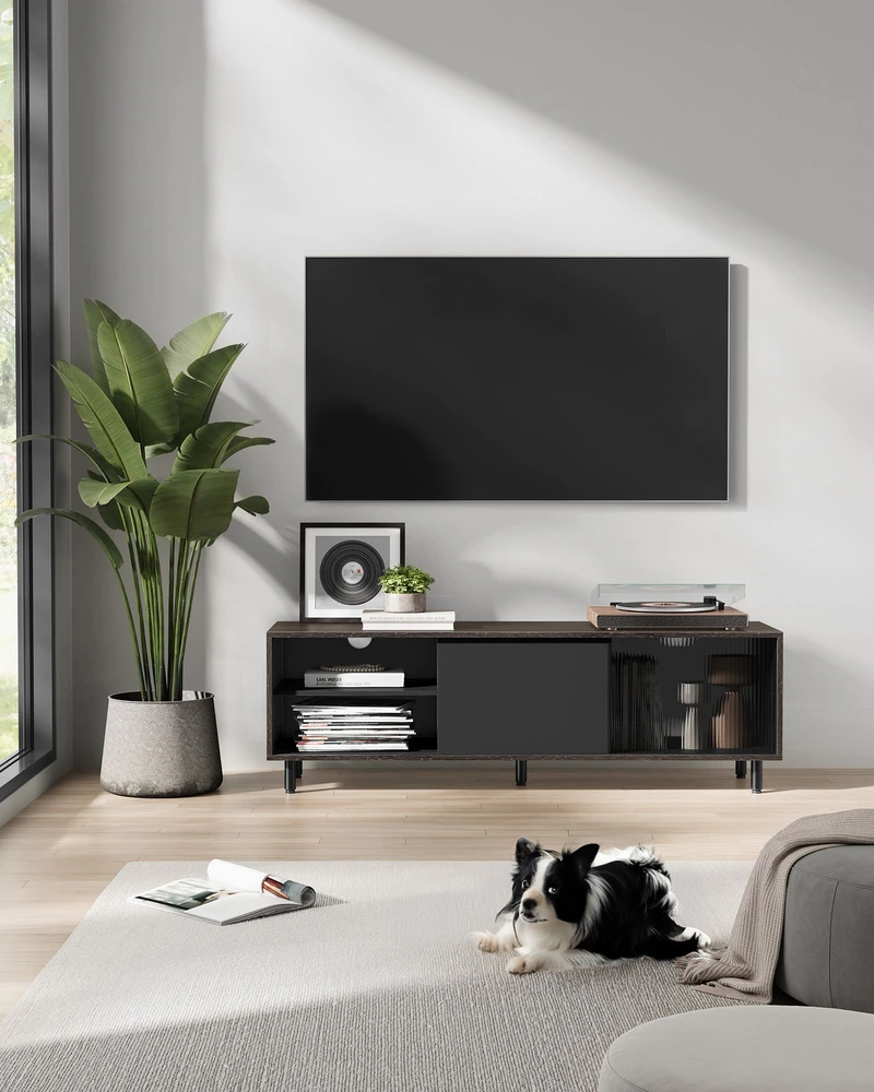 TV staliukas Koduva TV spintelė iki 60 colių televizoriui, 140 x 39 x 45 cm, ruda-juoda, stiklas ir plienas