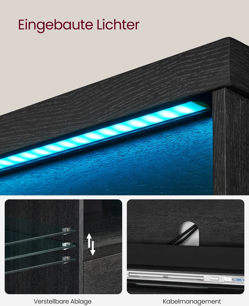 TV staliukas Koduva TV spintelė iki 70 colių televizoriui su LED apšvietimu, juoda, 160 x 40 x 60 cm