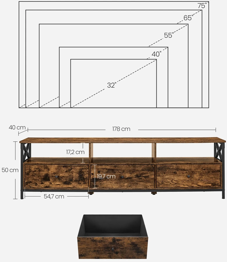 TV staliukas Koduva TV spintelė iki 80 colių televizoriui, 3 stalčiai, 3 atviros lentynos, 178 x 40 x 50 cm