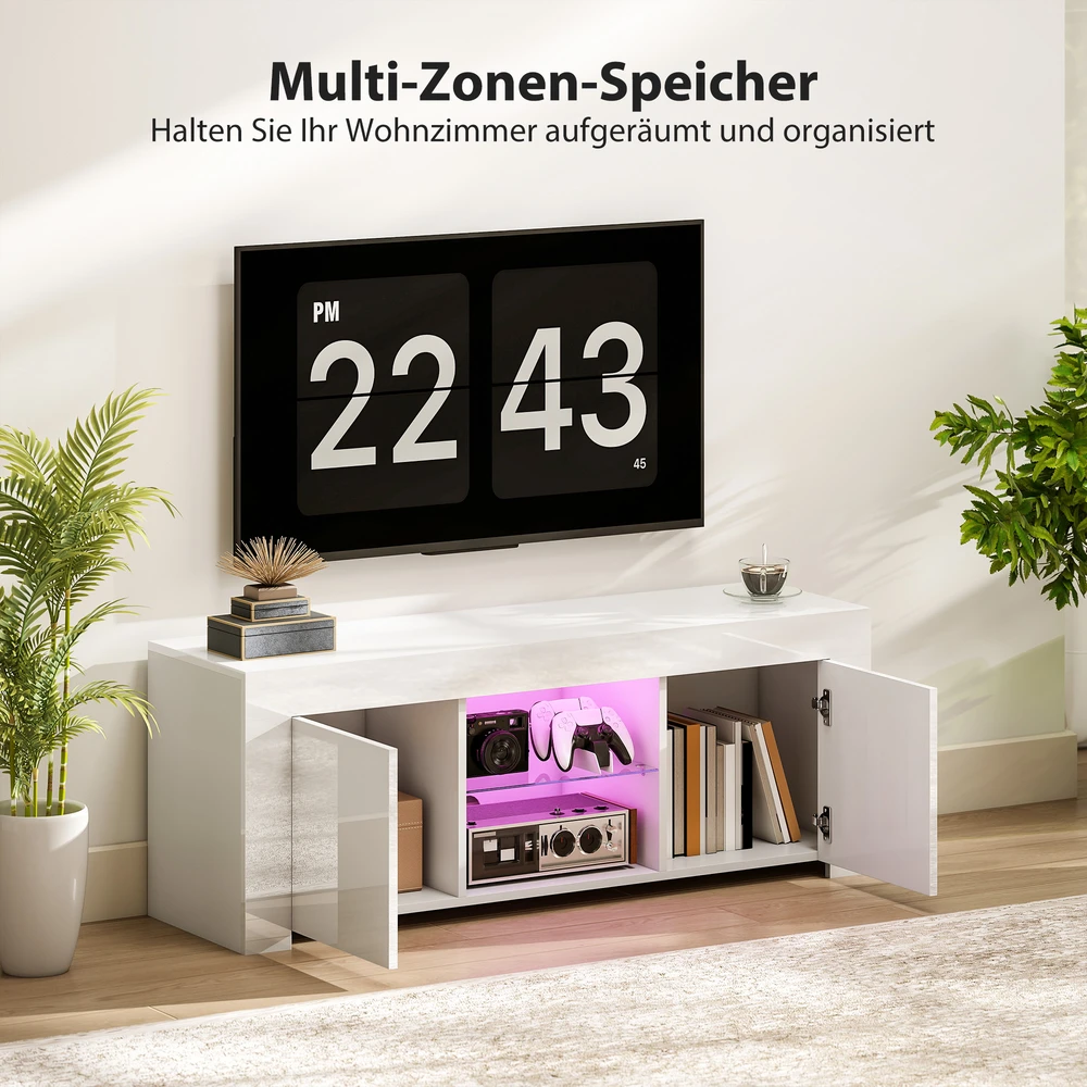 TV staliukas Aosom TV spintelė su LED apšvietimu, 2 durelės, stiklinė lentyna, kabelių angos, balta, 120 x 34 x 45 cm