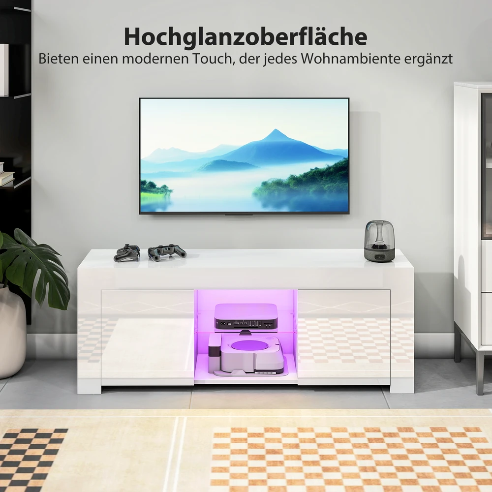 TV staliukas Aosom TV spintelė su LED apšvietimu, 2 durelės, stiklinė lentyna, kabelių angos, balta, 120 x 34 x 45 cm