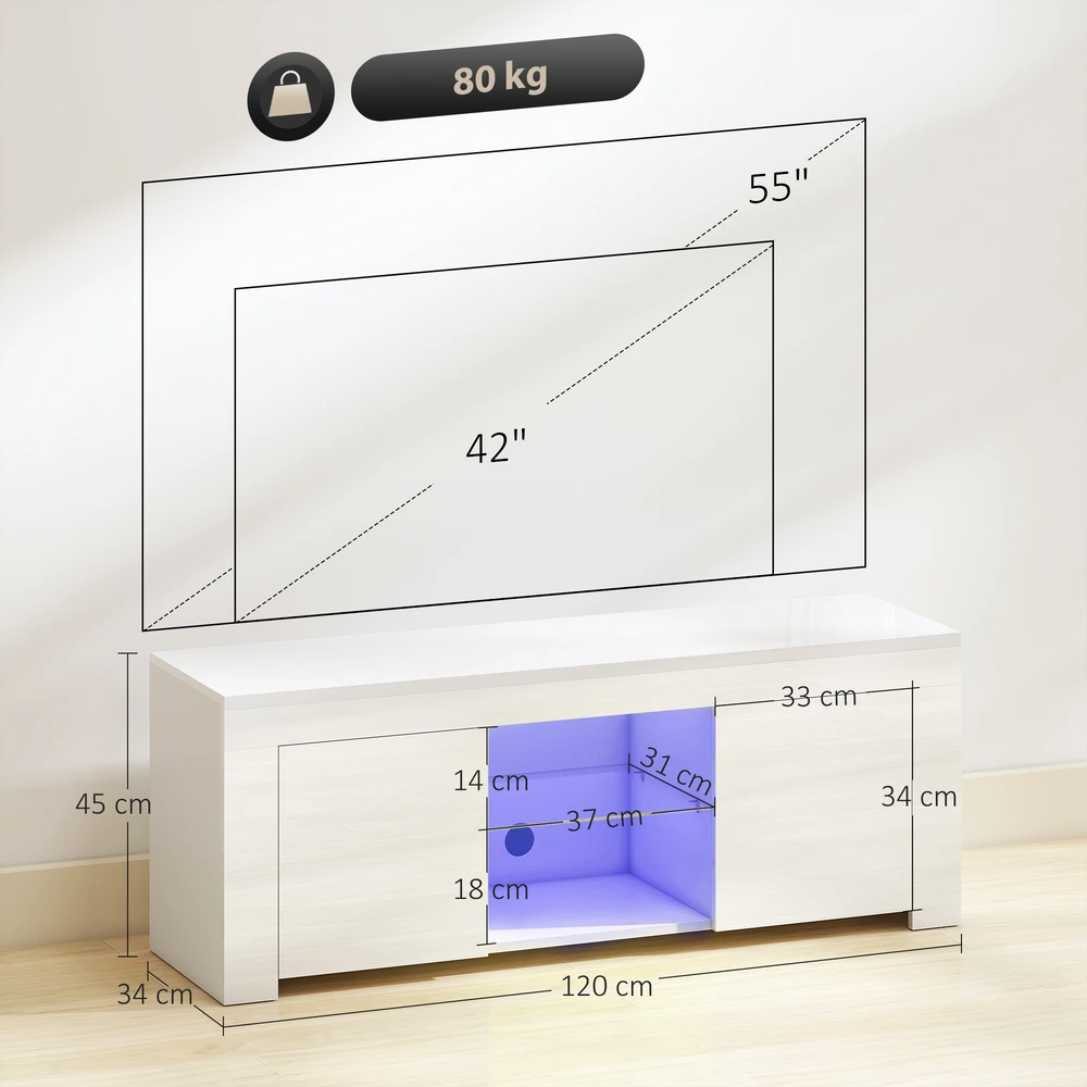 TV staliukas Aosom TV spintelė su LED apšvietimu, 2 durelės, stiklinė lentyna, kabelių angos, balta, 120 x 34 x 45 cm