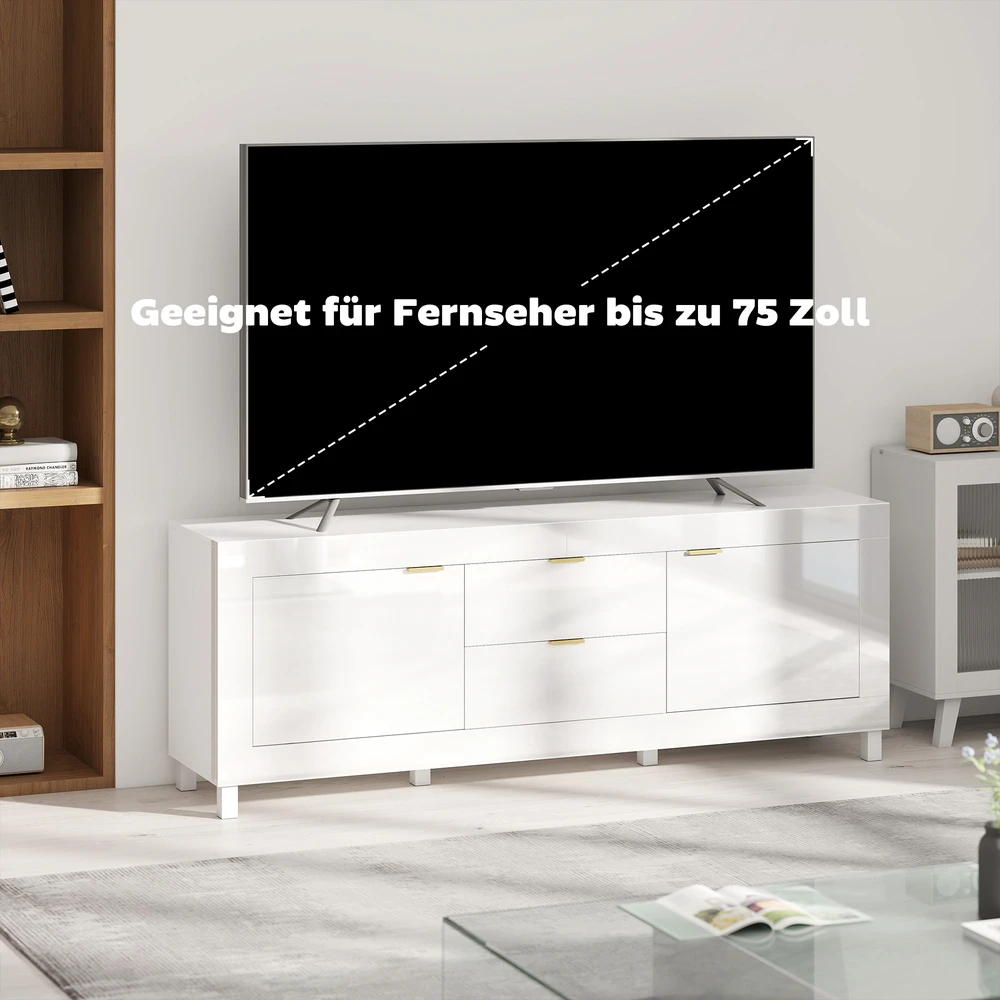 TV staliukas Aosom TV spintelė televizoriui iki 75 colių, moderni pramogų spintelė su 2 spintelėmis ir 2 stalčiais, blizgi balta
