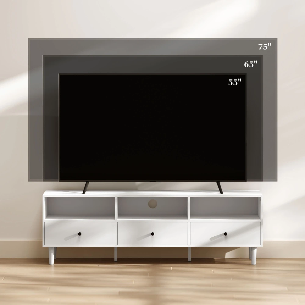 TV staliukas Aosom TV spintelė, TV stovas 75 colių ekranams, 3 atviros lentynos, 3 stalčiai, balta