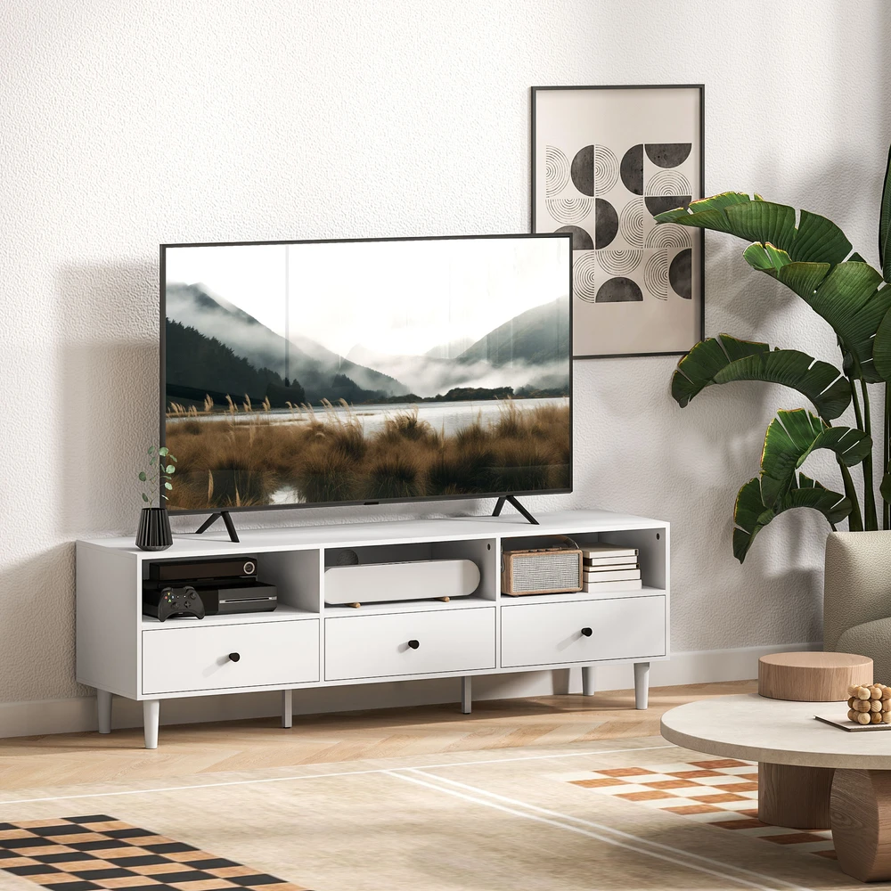 TV staliukas Aosom TV spintelė, TV stovas 75 colių ekranams, 3 atviros lentynos, 3 stalčiai, balta