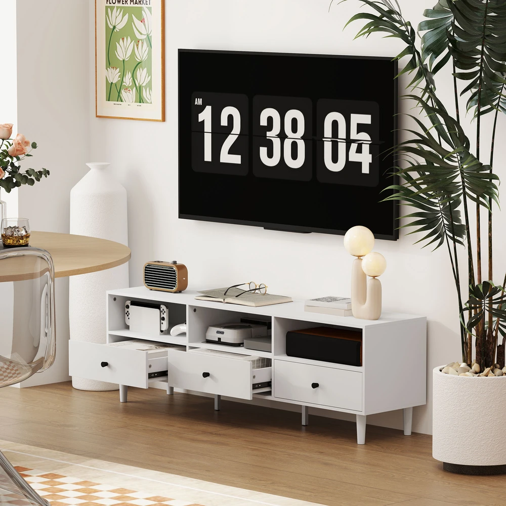 TV staliukas Aosom TV spintelė, TV stovas 75 colių ekranams, 3 atviros lentynos, 3 stalčiai, balta