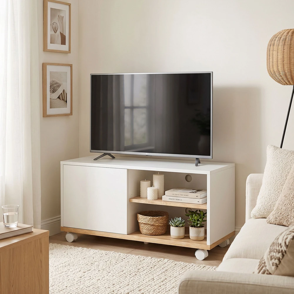 TV staliukas Aosom TV stovas ant ratukų su stabdžiais, baltas ir ąžuolo, 80 x 45 x 41 cm