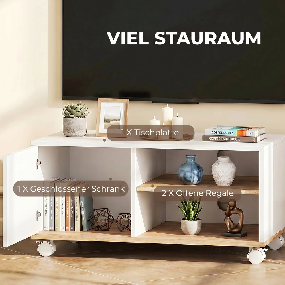 TV staliukas Aosom TV stovas ant ratukų su stabdžiais, baltas ir ąžuolo, 80 x 45 x 41 cm