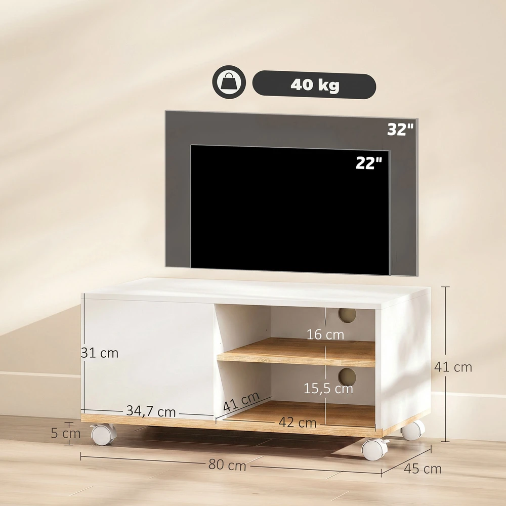 TV staliukas Aosom TV stovas ant ratukų su stabdžiais, baltas ir ąžuolo, 80 x 45 x 41 cm