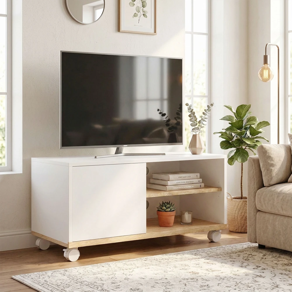 TV staliukas Aosom TV stovas ant ratukų su stabdžiais, baltas ir ąžuolo, 80 x 45 x 41 cm