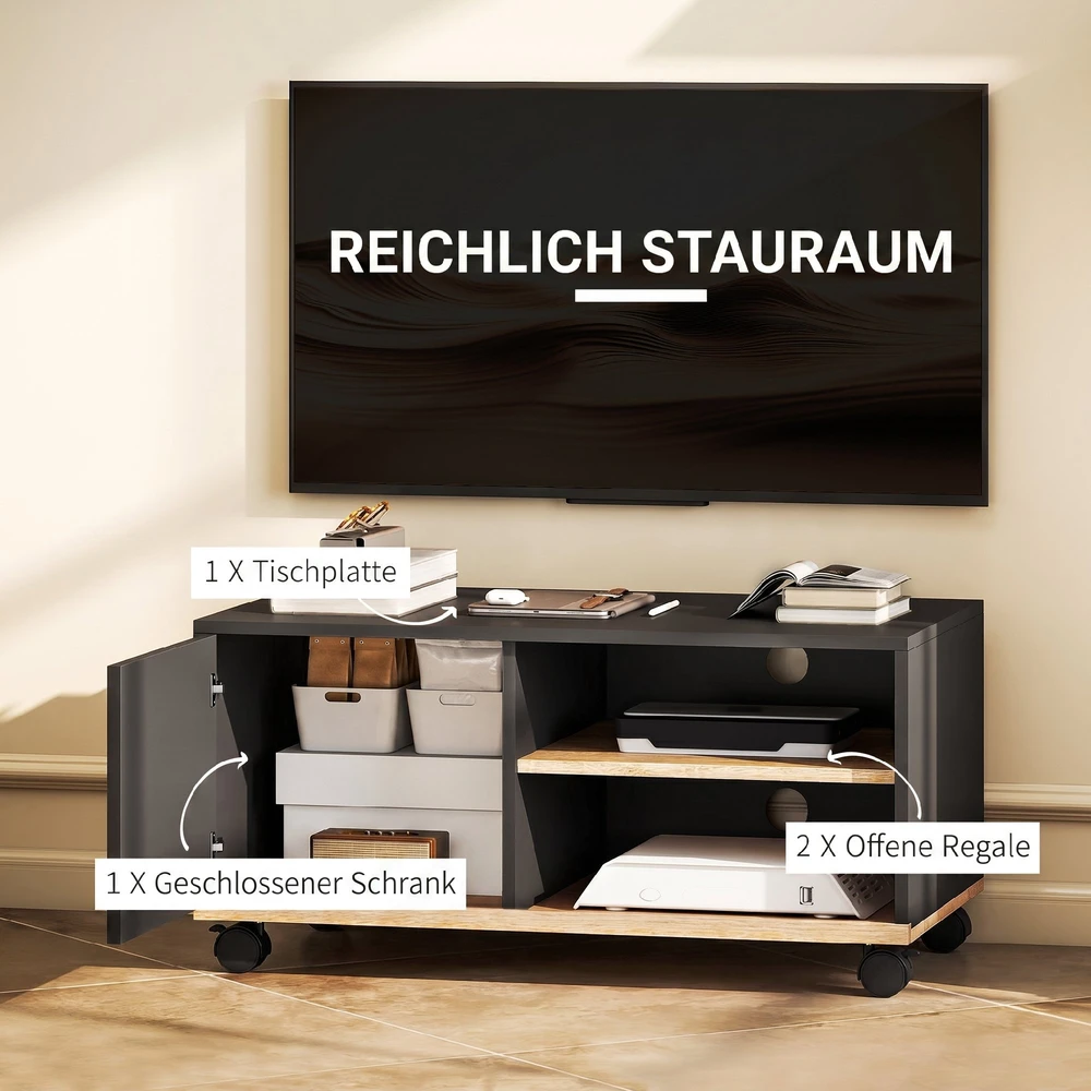 TV staliukas Aosom TV stovas su ratukais, juodas ir ąžuolo spalvos, 80 x 45 x 41 cm