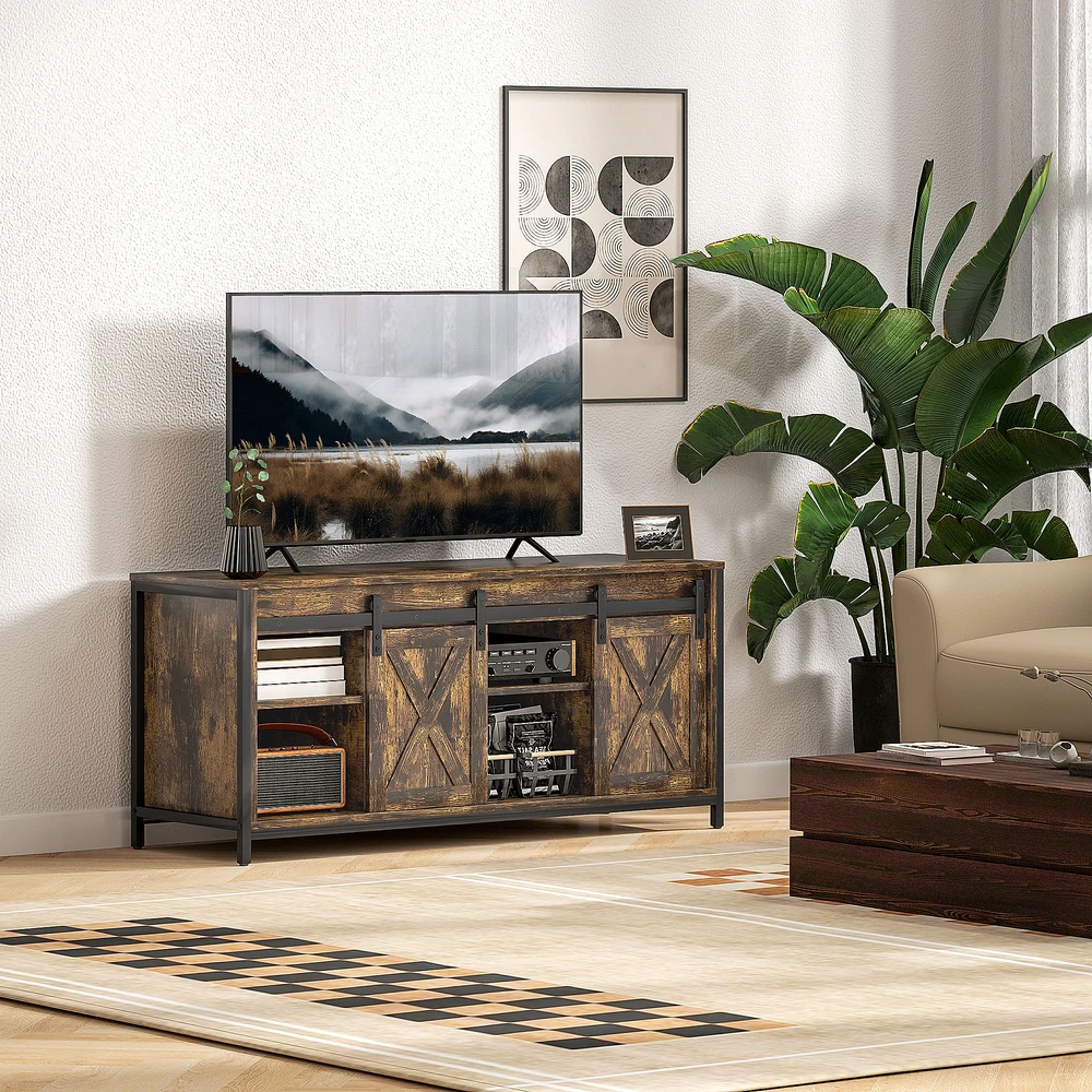 TV staliukas Aosom TV žema spintelė, industrinio stiliaus, skirta iki 60 colių TV, 6 skyriai, 2 stumdomos durys, ruda/juoda