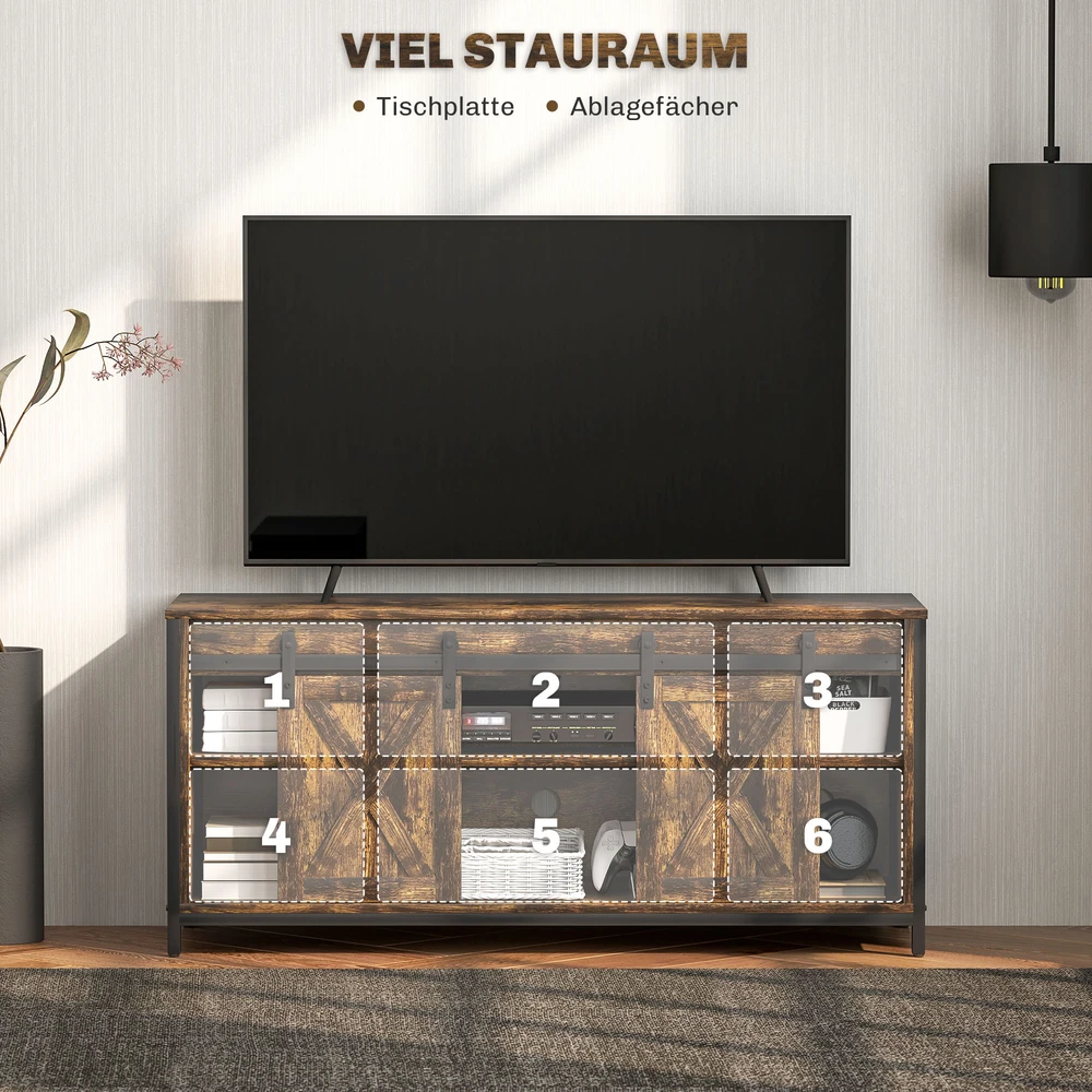TV staliukas Aosom TV žema spintelė, industrinio stiliaus, skirta iki 60 colių TV, 6 skyriai, 2 stumdomos durys, ruda/juoda