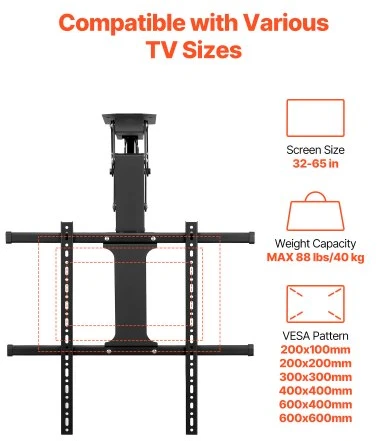 TV staliukas VEVOR Motorizuotas lubinis TV laikiklis 32–65 col. ekranams, iki 88 lb, VESA iki 24 x 24 in