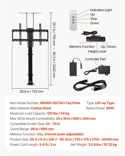 TV staliukas VEVOR Motorizuotas TV stovų liftas, 32–70 col., iki 54 kg, grindinis