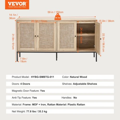 TV staliukas VEVOR Rotango spintelė, natūralios medienos, 150 x 36 x 80 cm