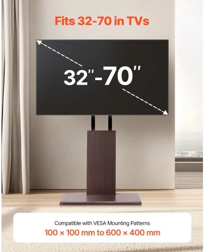 TV staliukas VEVOR TV stovas, stalinis, 32–70 colių ekranams, su pasukimu ir aukščio reguliavimu, iki 99 svarų, MAX VESA 600 x 400 mm